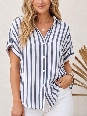 BeachLunchLounge Striped Button Up Blouse Large Coastal Preppy Lightweight